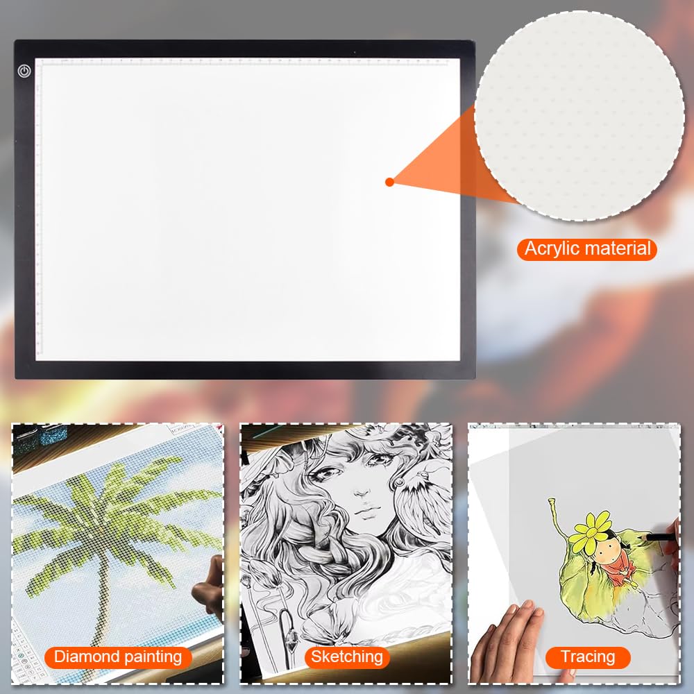 Tablet luminoso A3 con dimmer di intensità tattile a 3 livelli di luminosità LED, tavolo luminoso disegno con cavo USB per tatuaggio, traccia, disegno, schizzo (A3 con scala)