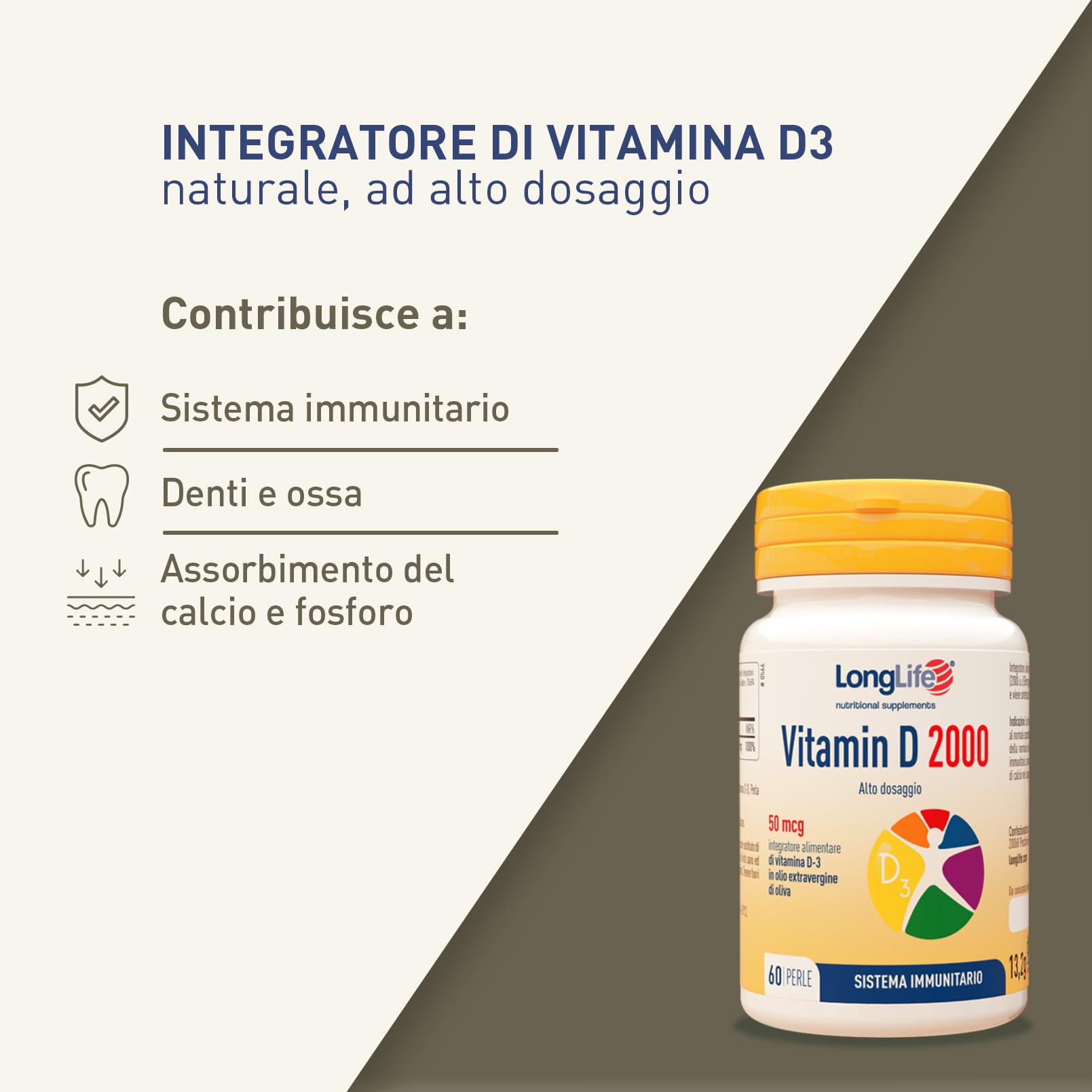 LongLife® Vitamin D 2000 | Vitamina D3 naturale in olio EVO | Alto dosaggio | Difese immunitarie, salute di ossa e denti | Metabolismo del calcio | 2 mesi di trattamento | Senza glutine e doping free