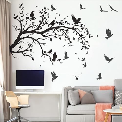 Calcomanía de pared de ramas de árbol negro, pájaros voladores, 50 x 30 pulgadas, calcomanías de pared de hojas de pájaros, despegar y pegar,
