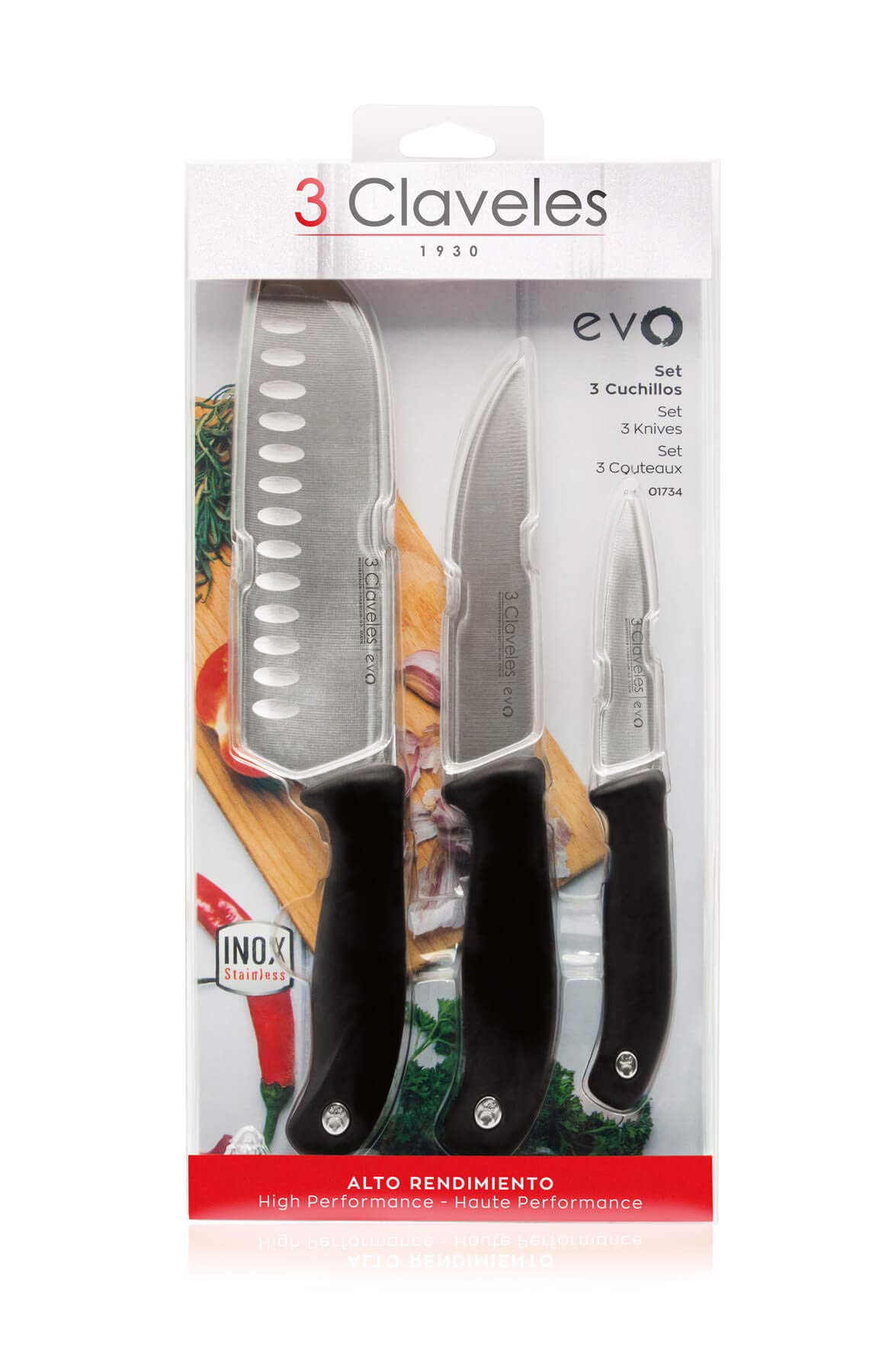 3 Claveles EVO zestaw noży do warzyw 9 cm + kuchnia 13,5 cm + Santoku 18 cm, stal nierdzewna, uchwyt polipropylenowy, lekki i wytrzymały