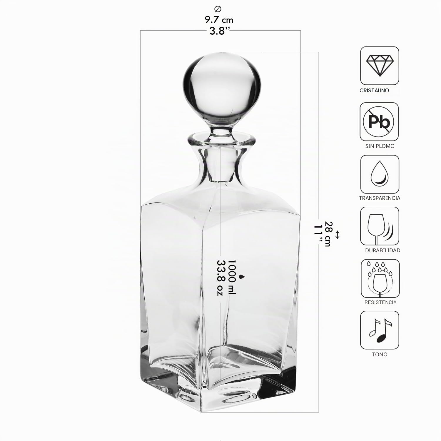 Krosno Decantador/garrafa para whisky y ron con tapón | 1000 ml | Colección Caro | Caja regalo con copa de brandy y botella de agua | Para casa, restaurantes y cocina | Cristal sin plomo