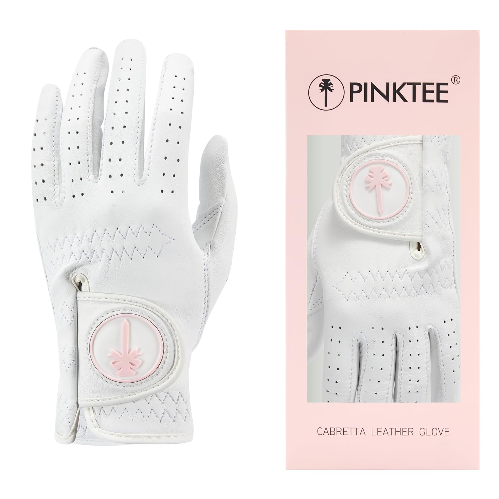 CROWNBLANKS PINKTEE Women's Golf Glove Cabretta Leather Left Hand with Enhanced Grip Ladies Soft Pink Glove Fit Size Small Medium Large XL