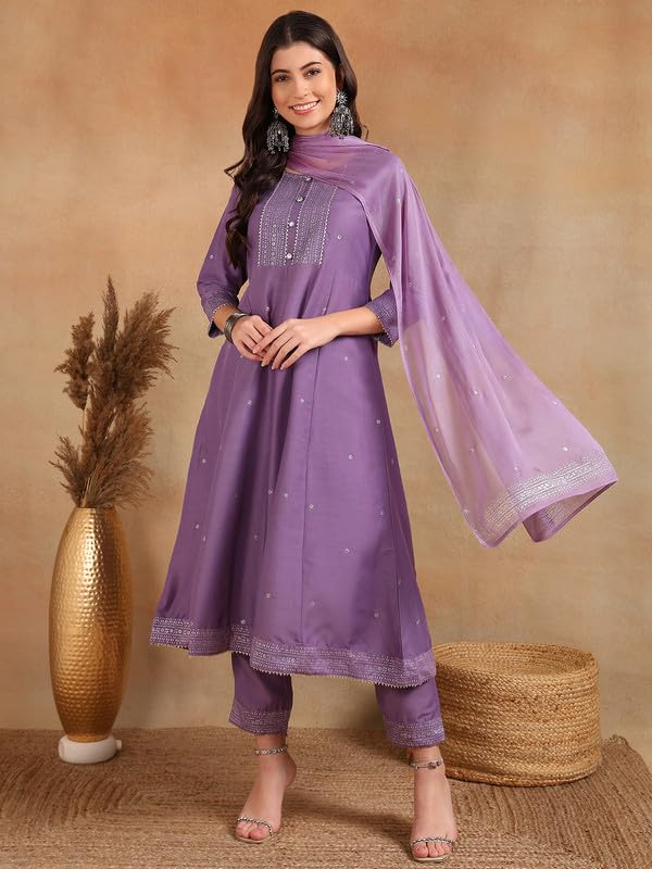 Image of Vaamsi Women's Silk Blend Solid Anarkali Kurta Pant With Dupatta