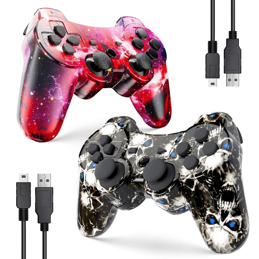 2 Pack Wireless PS3 Controllers for Playstation 3 Console with Dual Vibration / 6-Axis Motion Sensor (BlackSkull and Galaxy)