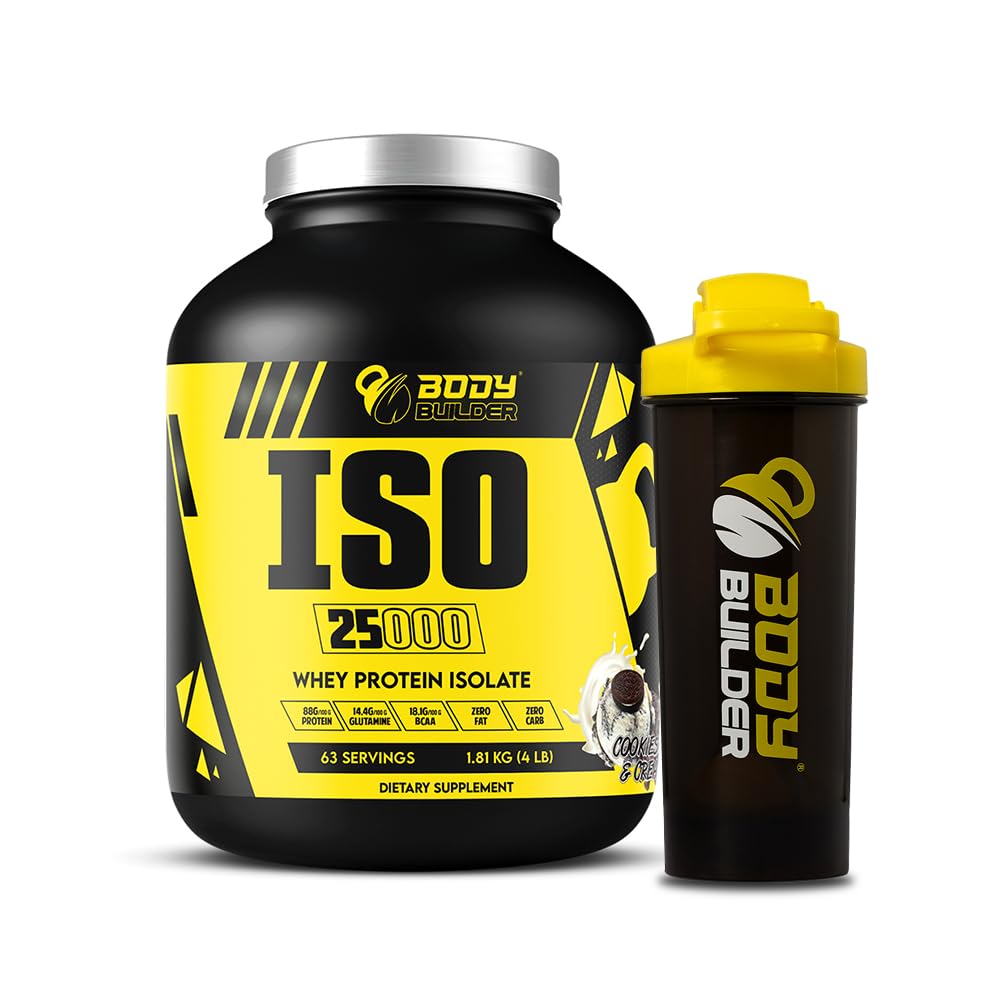 Body Builder ISO 25000 Isolate Whey Protein Powder (4LB) - 88% OF PROTEIN - Zero Sugar, Carb & Fat - With 18% BCAAs & 14% Glutamine (4 LBS, Cookies & Cream)