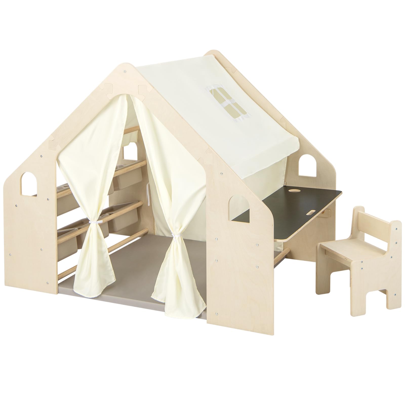 Maxmass 6-in-1 Kids Play Tent, Large Toddler Play House with Desk Table, Chair, Padded Mat, Blackboard, Storage Bin, Wooden Children Tent for 3-6 Years Old Boy Girls (145 x 98 x 113 cm)