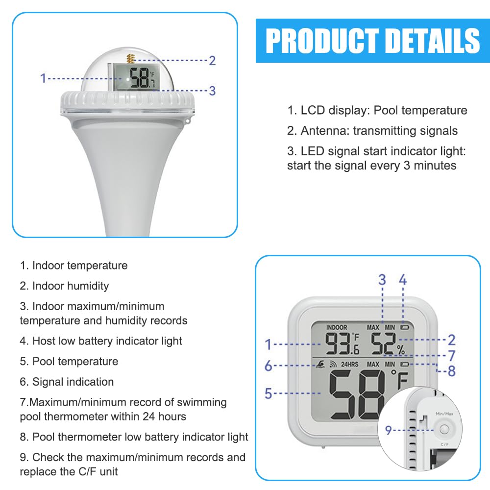 Thermomètre Piscine Connecté, TGKYK Thermomètre Piscine Flottant avec vue à 360° et 3 écrans LCD, Thermometre Piscine Sans Fil, Thermometre Piscine Digital pour Piscine, étang