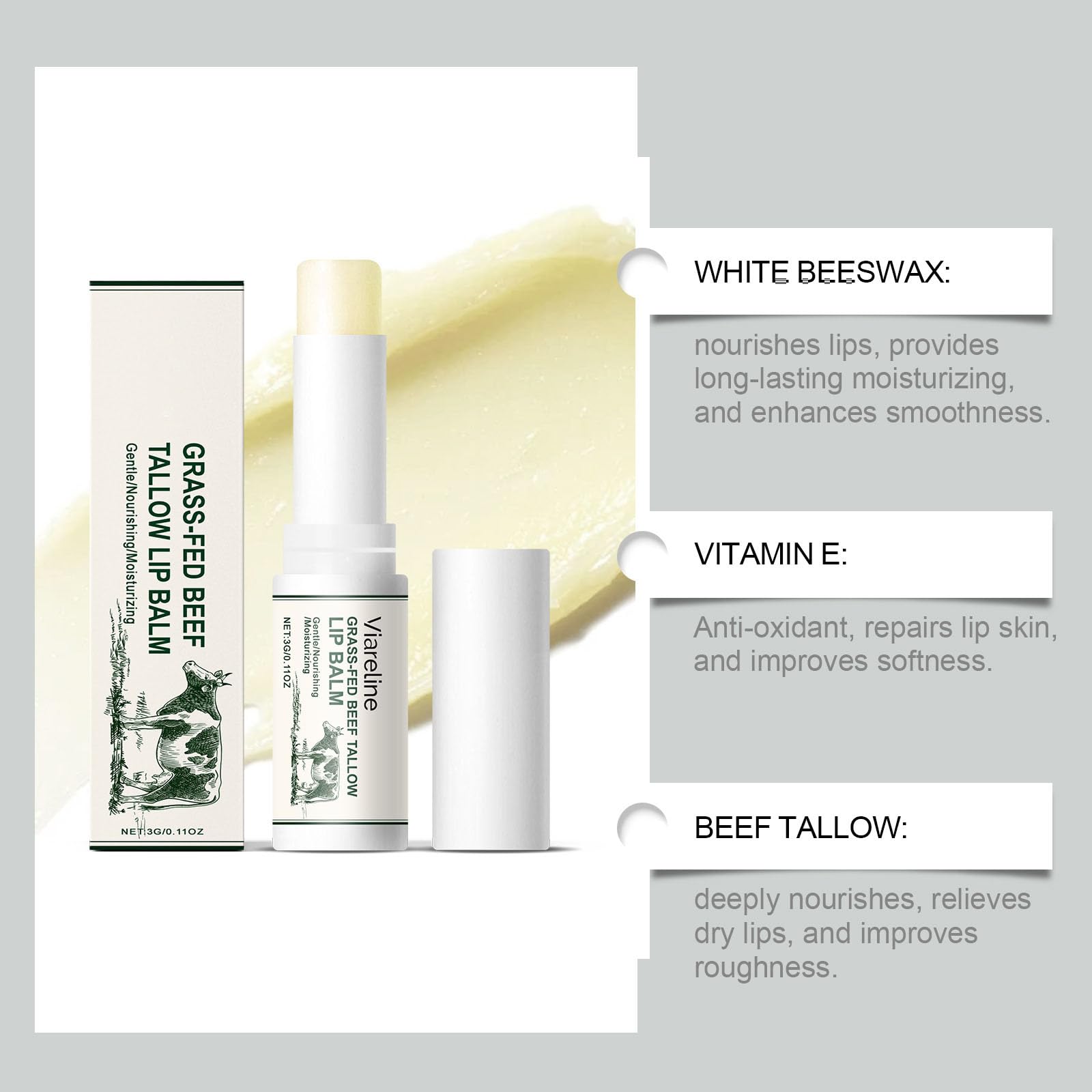 Balsamo per labbra di sebo di manzo, sebo di manzo naturale, idratante idratante, cura delle labbra con balsamo sebaceo rivestito in erba, lenisce le labbra screpolate, secche e sensibili (6)