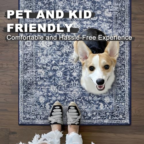 Image of KILOCOCO Small Area Rug 2x3 Entryway Rugs Printed Vintage Floral Machine Washable Rug Non-Slip Kitchen Rug Indoor Door Mat, Accent Throw Rugs for Doorway Hallway Bedroom Entrance, Blue