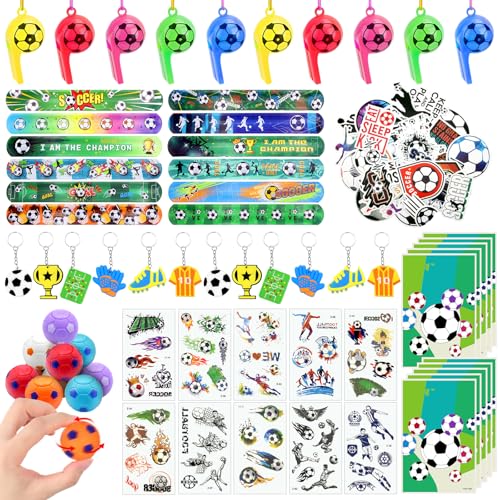 OBYCPIN 114 Teile Fußball Mitgebsel Kinder Kindergeburtstag Fußball Mitgebsel Set mit Taschen Schlüsselanhänger Schnapparmband Tattoo Pfeife Spinning-Ball Sticker