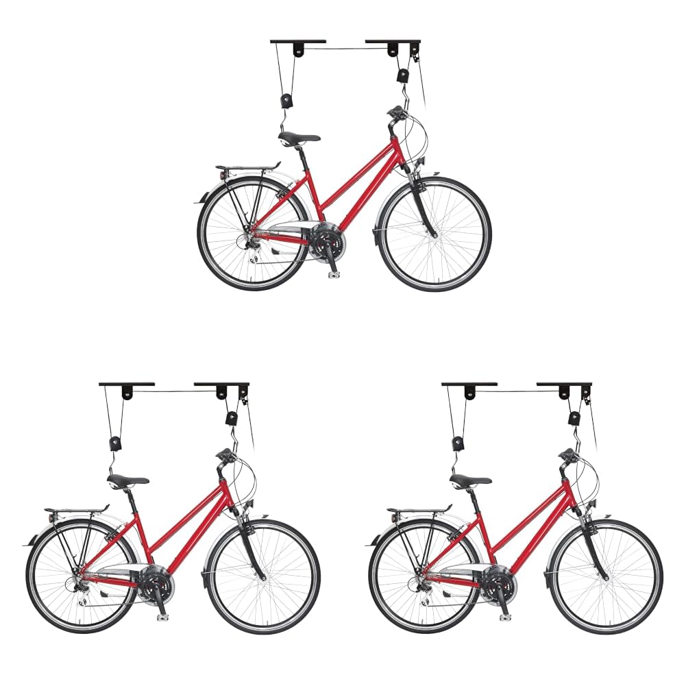 Relaxdays Fahrradlift, bis 30 kg, max. Deckenhöhe 4 m, Fahrrad Deckenhalterung mit Flaschenzug, Garage, Keller, schwarz (Packung mit 3)
