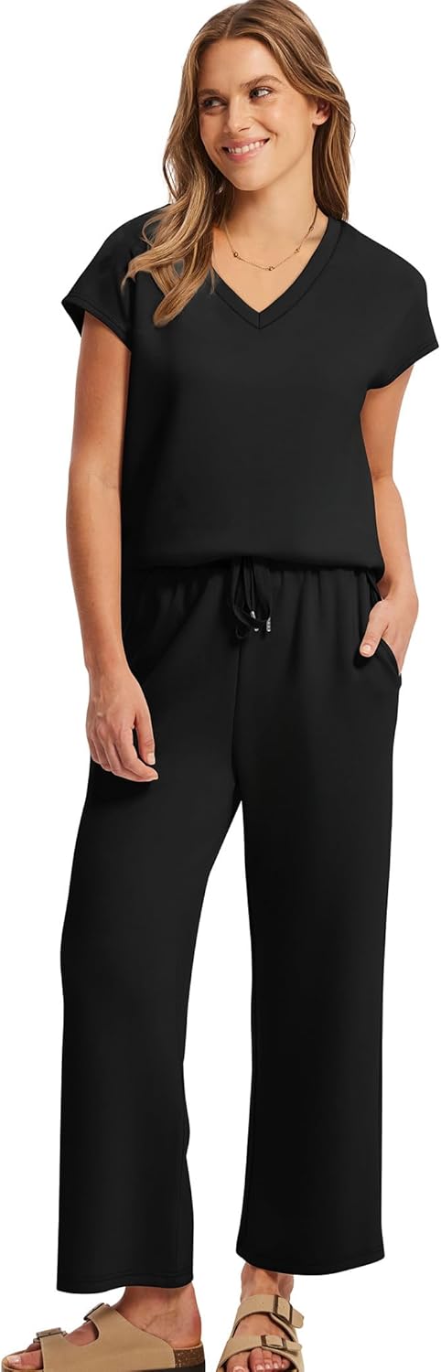 Saloogoe Two Piece Sets for Women Summer Outfits Lounge Sets V Neck Tops Wide Leg Pants Woman Vacation Travel Outfits - Image 3