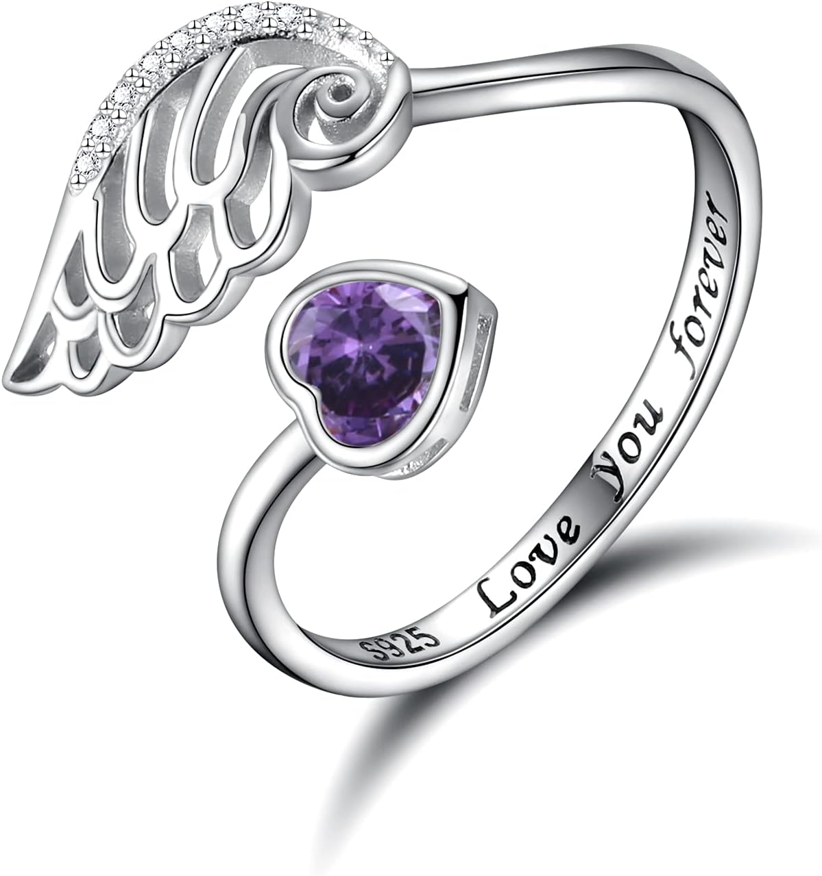 Birthstone Wing Rings Sterling Silver Adjustable Feather Heart Month Stone Wrap Ring Jewelry Gift for Women Engrave Love you forever