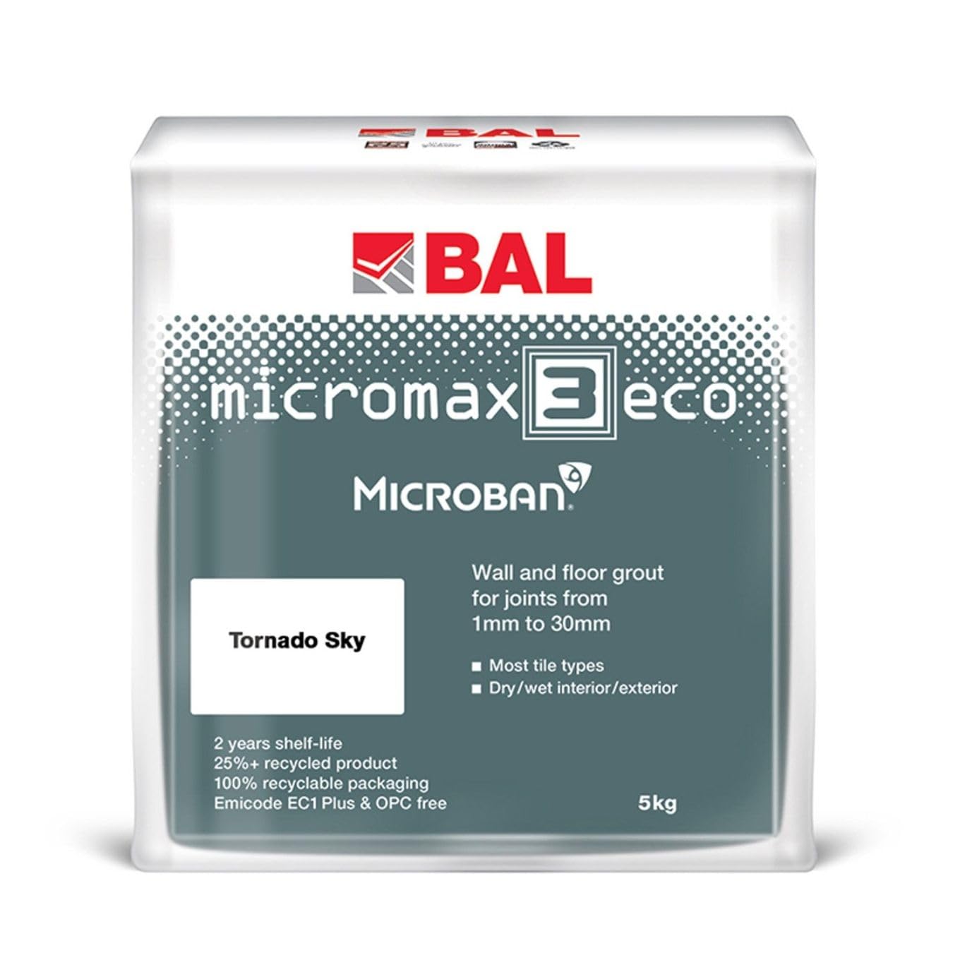 Bal Micromax3 Eco Grout Wall & Floor Grout, Rapid Set, Antimicrobial, Suitable For Interior & Exterior 5KG Bag - Tornado Sky — image 1