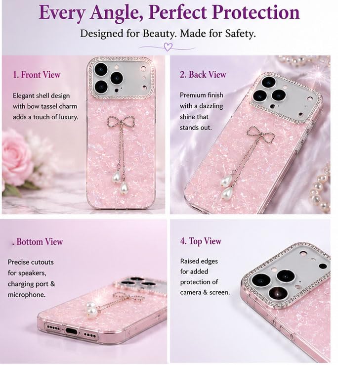 Image of mobistyle Compatible with iPhone 17 Pro | Shell Pattern with Bow Tassel and Daimond Camera Lens Protection Back Cover Case for Women Girls iPhone 17 Pro (Pink)