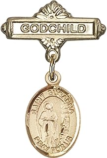 Gold Filled Baby Badge with St. Susanna Charm and Godchild Badge Pin 1 X 5/8 inches