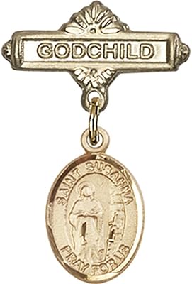 14kt Yellow Gold Baby Badge with St. Susanna Charm and Godchild Badge Pin 1 X 5/8 inches