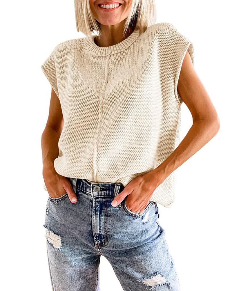 Womens Cap Sleeve Tops Casual Knit Sweater Vests Crew Neck Loose Fit Summer Pullover Top