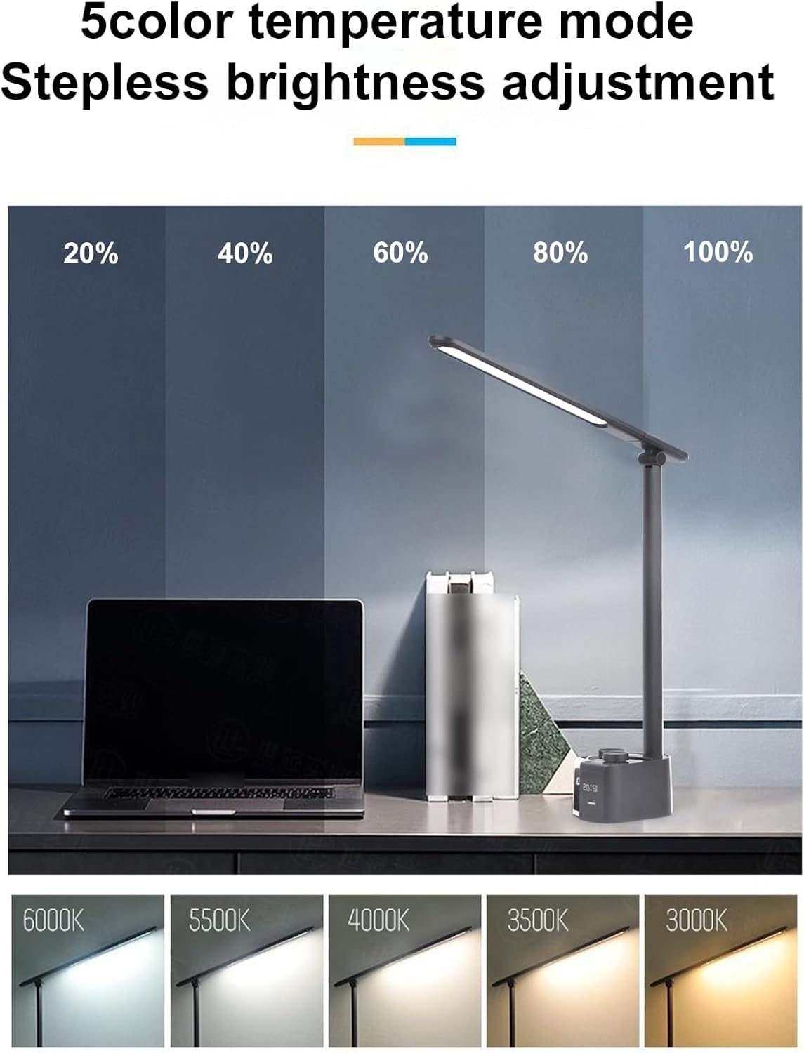LED Desk Lamp with Pen Holder, 5 Color Temperatures Foldable Dimming Reading Lamp USB Charging Port Digital Display Table Lamp for Reading Study Working (T221012U)