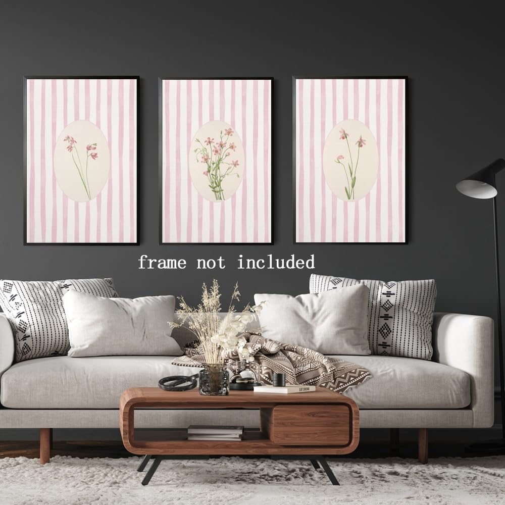Pink Striped Floral Wall Art Set of 3 Rustic Farmhouse Botanical Canvas Prints Vintage Cottagecore Flower Poster for Girls Room Bedroom Bathroom Nursery Aesthetic Wall Decor 16x24inch Unframed
