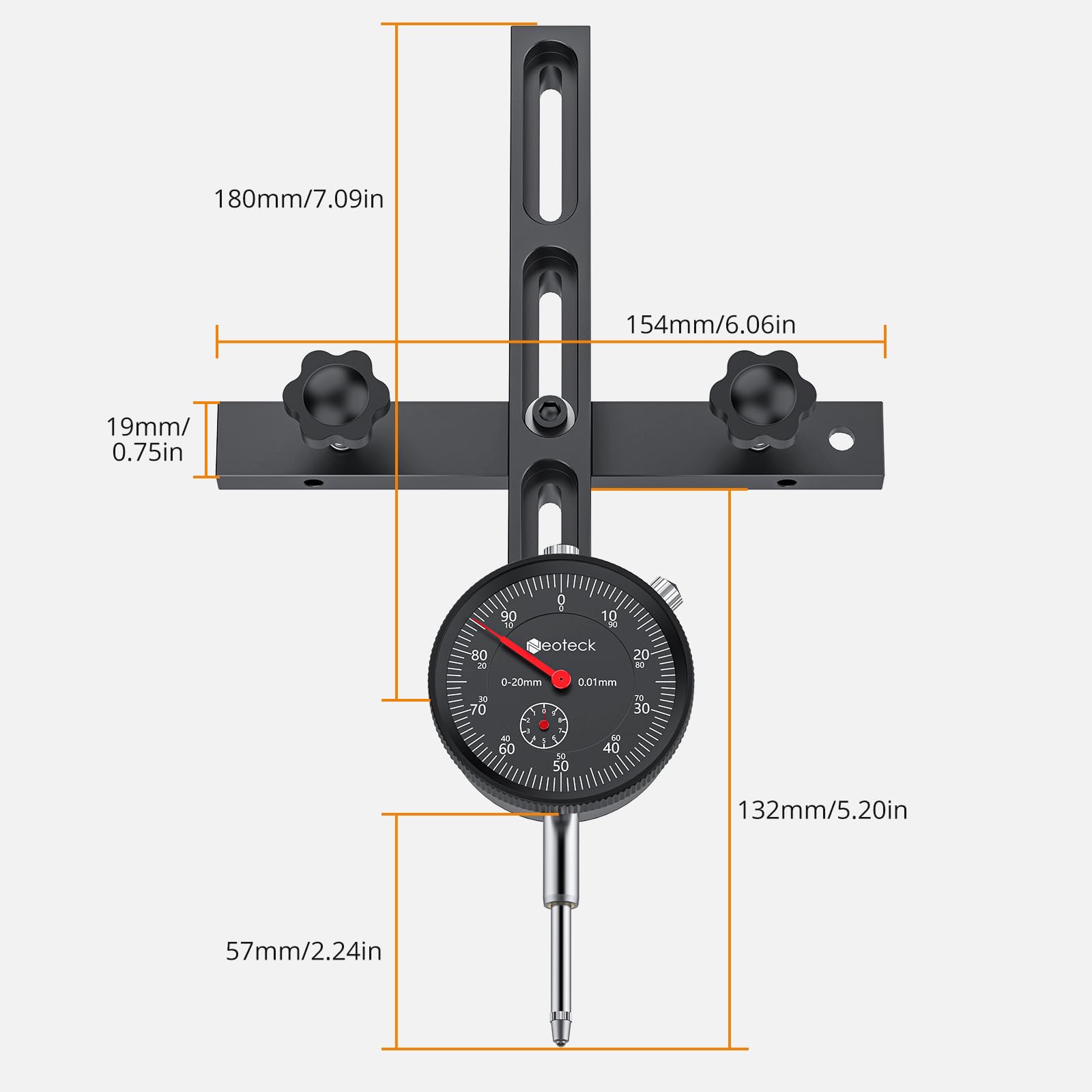 Neoteck 0-20mm Comparateur Mécanique pour Scie à Table Résolution 0.01mm avec Barre en Aluminium Anodisé Fixation à Trois Glissières Indicateur à Cadran Mécanique pour Scies Circulaires à Table-Noir