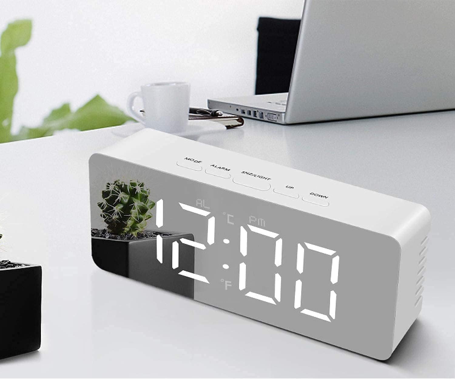 Digital Clock with LED Mirror Display, Alarm, Snooze, Temperature, Two-Level Brightness Adjustment, Night Mode, White-image-17
