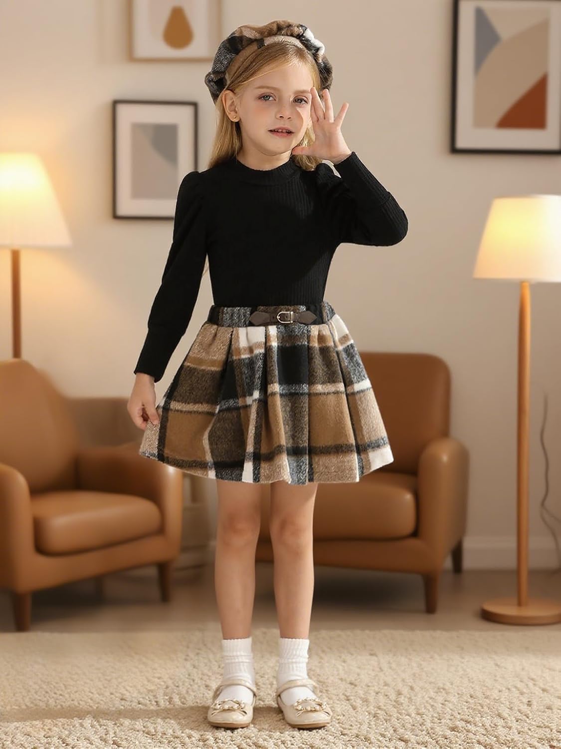 Patgoal Toddler Girl Outfits Puff Sleeve Ribbed Shirt Knitted Tops Pleated Plaid Skirt Set with Hat 3Pcs Fall Winter Clothes - Image 3