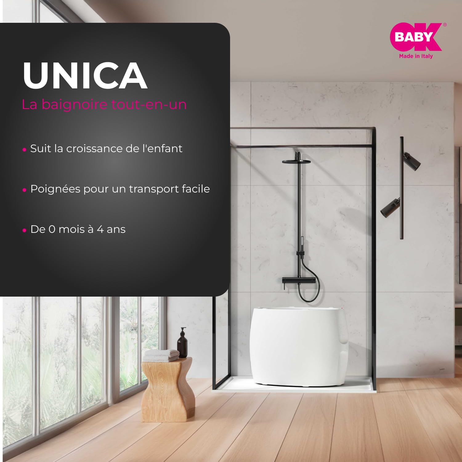 OKBABY Unica - Baignoire 0-4 ans à double usage, thermomètre intégré et support ergonomique - Baignoire et mini-piscine pour enfants - Blanc