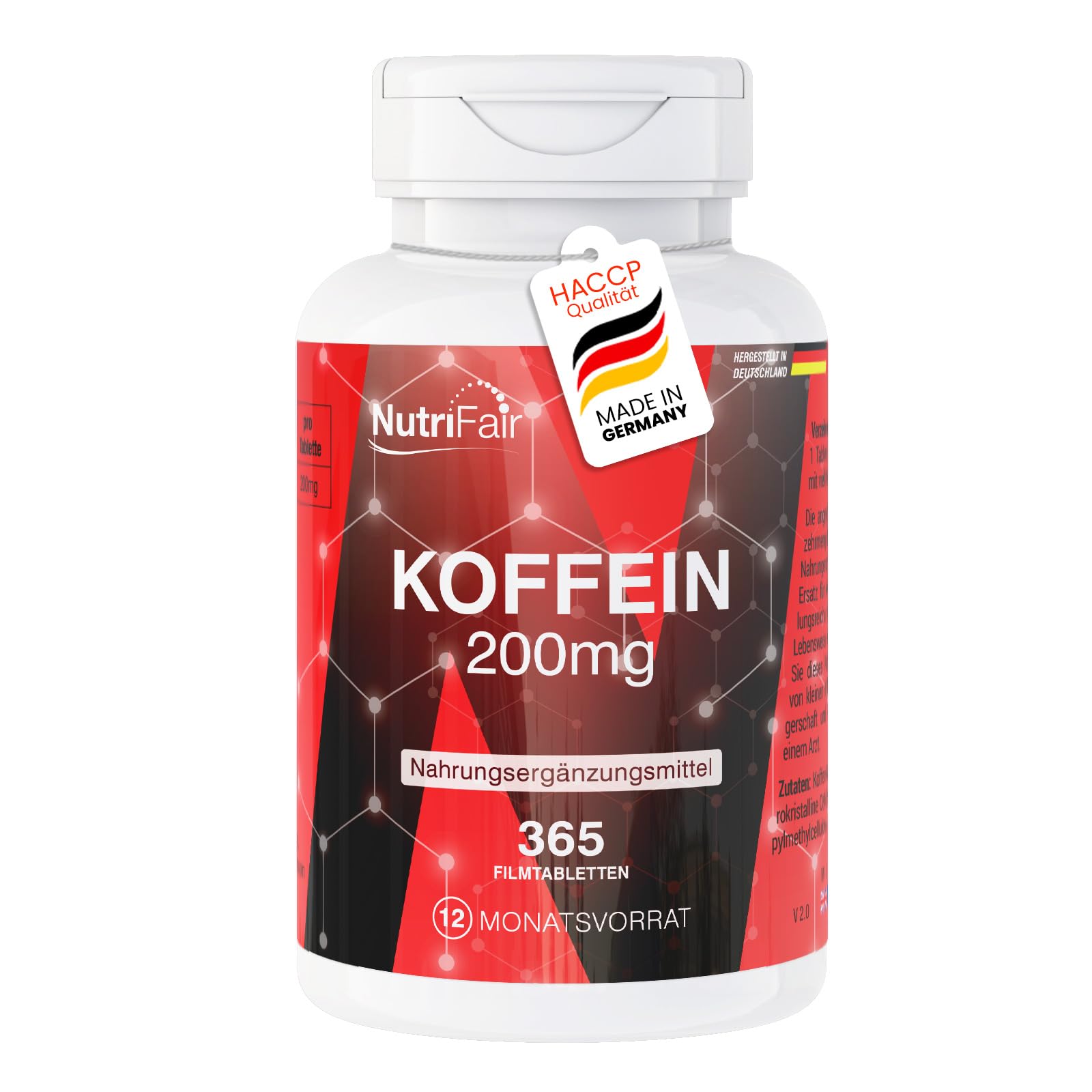Comprimés de caféine 200mg, 365 comprimés, 200mg par comprimé, Haute dose, Faciles à avaler, 100% Vegans – fabrication allemande et tests en laboratoire, Premium et équitable