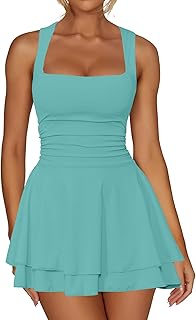 Women's Square Neck Ruffle Hem Mini Dress Ruched Waist Short Party Dresses - Buy now