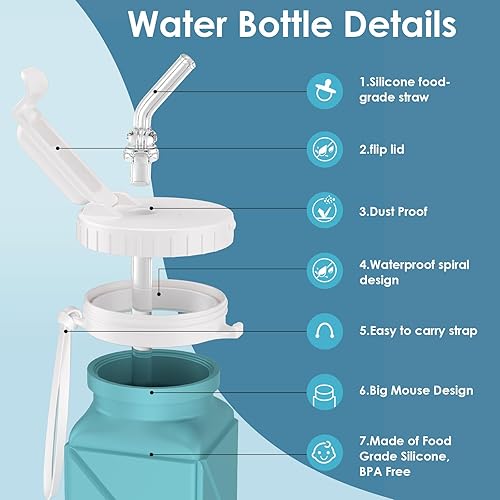 Miniatura 5 de Popdigito Botellas de agua plegables de 20.7 onzas, botella de agua plegable a prueba de fugas con tapa de pajilla, de silicona de grado