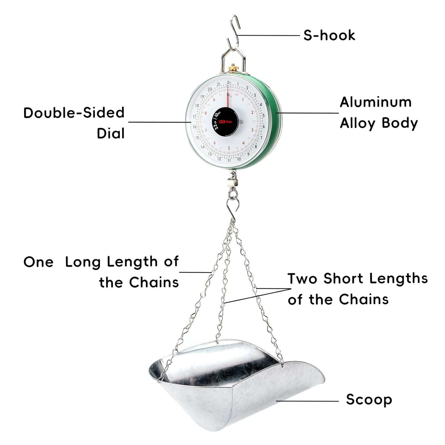 Tada 22LBS Double-Sided Dial Mechanical Hanging Scale with Scoop/Chain for Farm, Kitchen Food and Produce Weighing