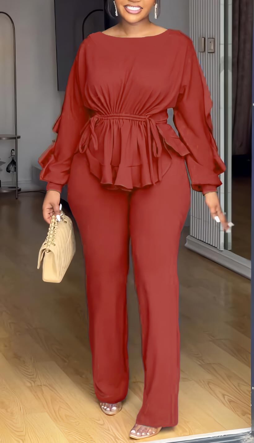 HWP Women 2 Piece Outfits Sets Ruffle Long Sleeve Peplum Top Flared Pants Business Pantsuits Casual Vacation Club Outfits - Image 2