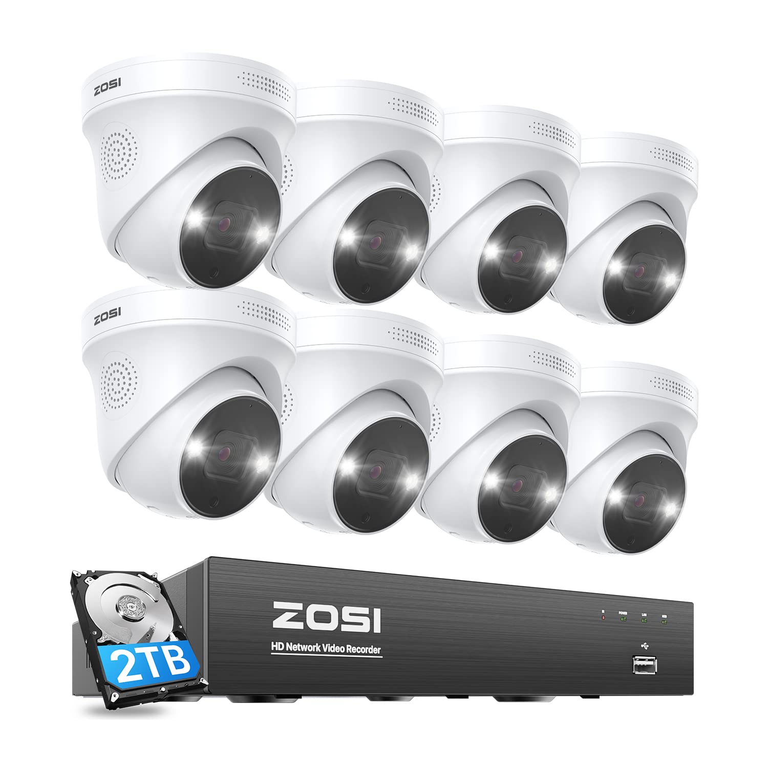 ZOSI Kit de Videovigilancia PoE Exterior 4K 8MP 8CH NVR Grabador Sistema con 8pcs 5MP Cámara de Seguridad IP, Visión Nocturna, Detección de Personas/Vehículos, 2TB HDD Incluido