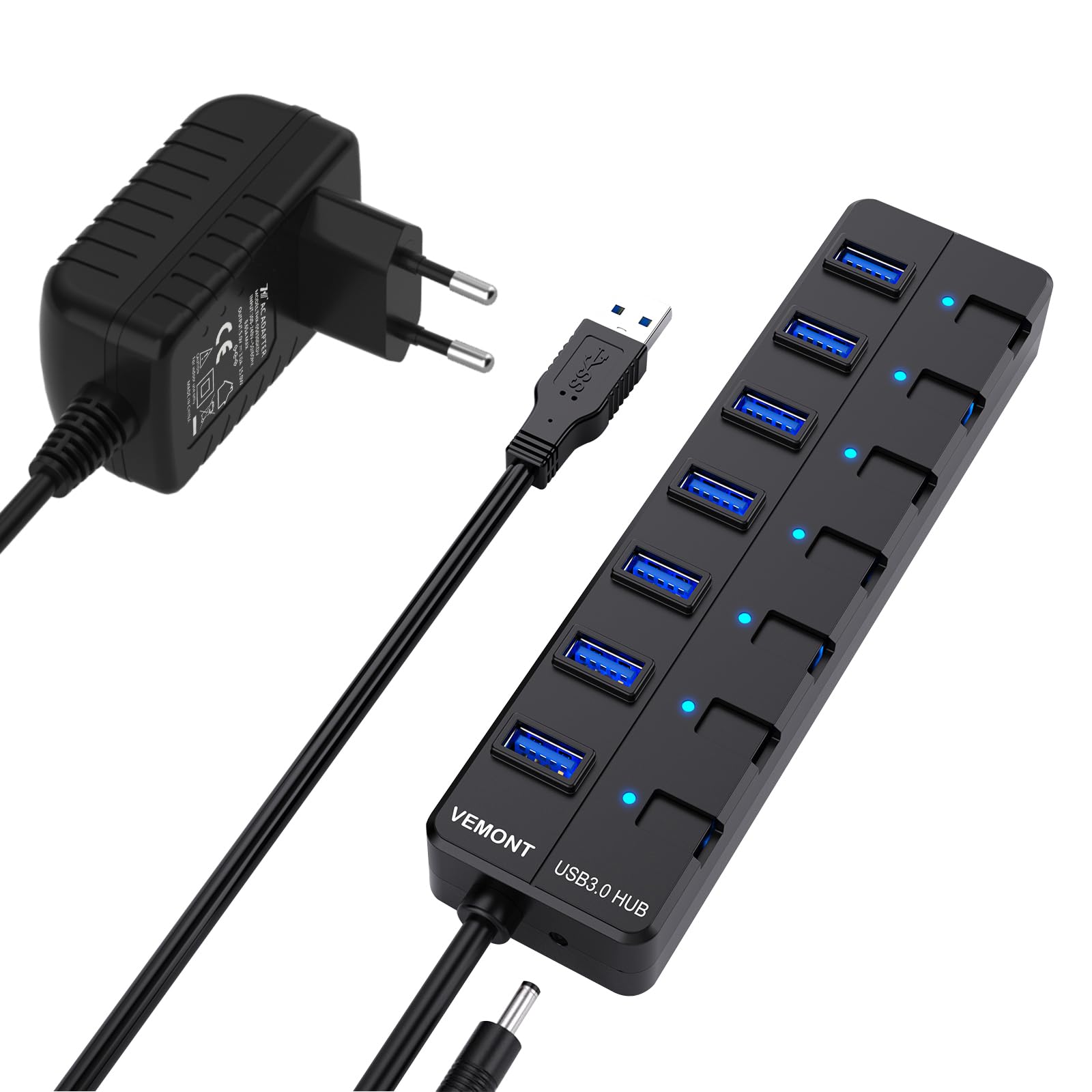 Vemont 7-Port USB 3.0 Hub, Piano chiavi di stile individuale di On/Off con 7 Indicatore LED blu 5V/2A adattatore di alimentazione (Spina europea), 1.2m via cavo per Mac OS, Windows, Linux