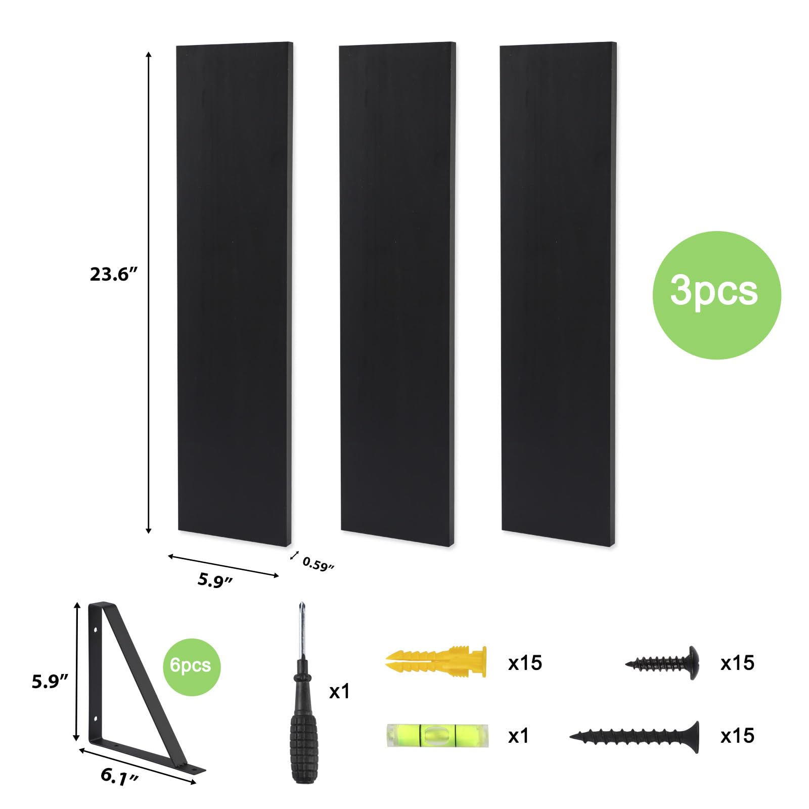 Fixwal Floating Shelves, 24 Inch Wall Bookshelf Set of 3, Large Floating Book Shelves for Wall Decor, Rustic Wood Wall Storage Shelves for Bedroom, Living Room, Kitchen, Bathroom (Black)