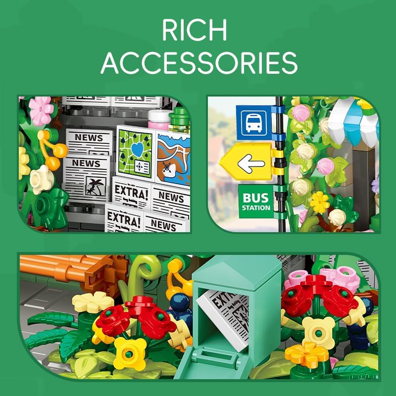 Flower Newsstand Building Set,Garden House Architecture with Bus Stop & Newspaper Stand & Coffee Shop Model Building Blocks with LED Light,Creative Gift for Adults and Teens（834PCS）