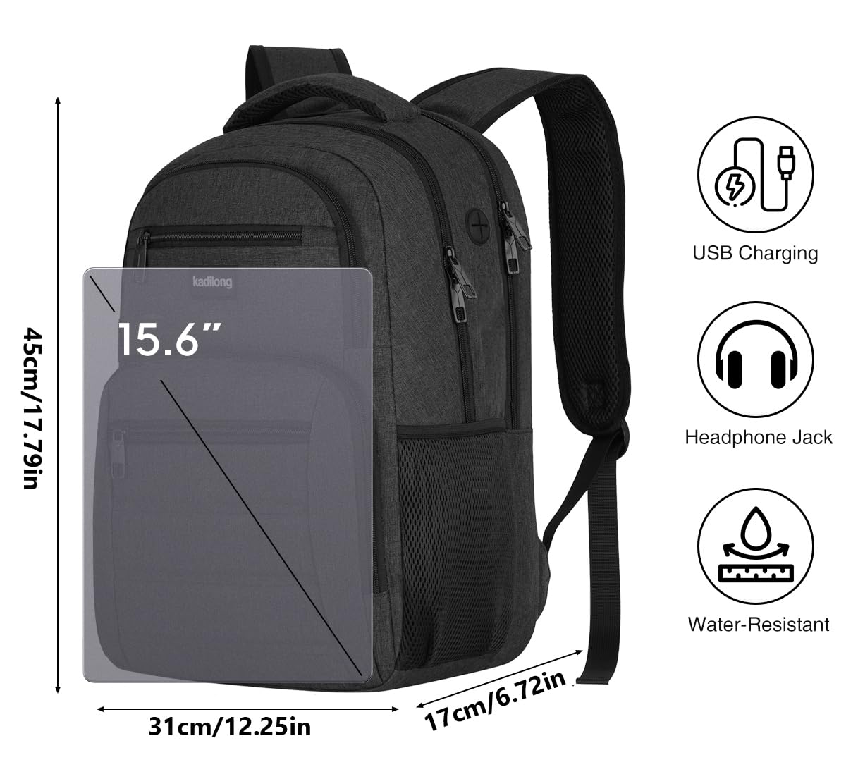 kadilong Zaino da uomo per computer portatile, borsa per libri da donna, zaino scolastico per ragazzi e adolescenti, antifurto con scomparto per caricabatterie USB
