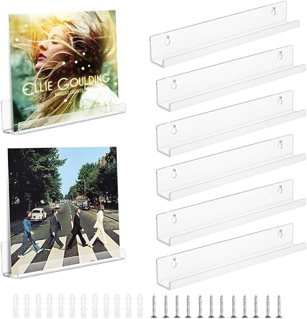 CAEEKER 6 Pack 12 Inch Acrylic Vinyl Record Shelf Wall Mount Rack Acrylic Album Record Holder Clear Floating Shelves Display Collection Picture Ledge Shelf for LP Storage (30.5 L x 4.4 W x 4.3 H cm)