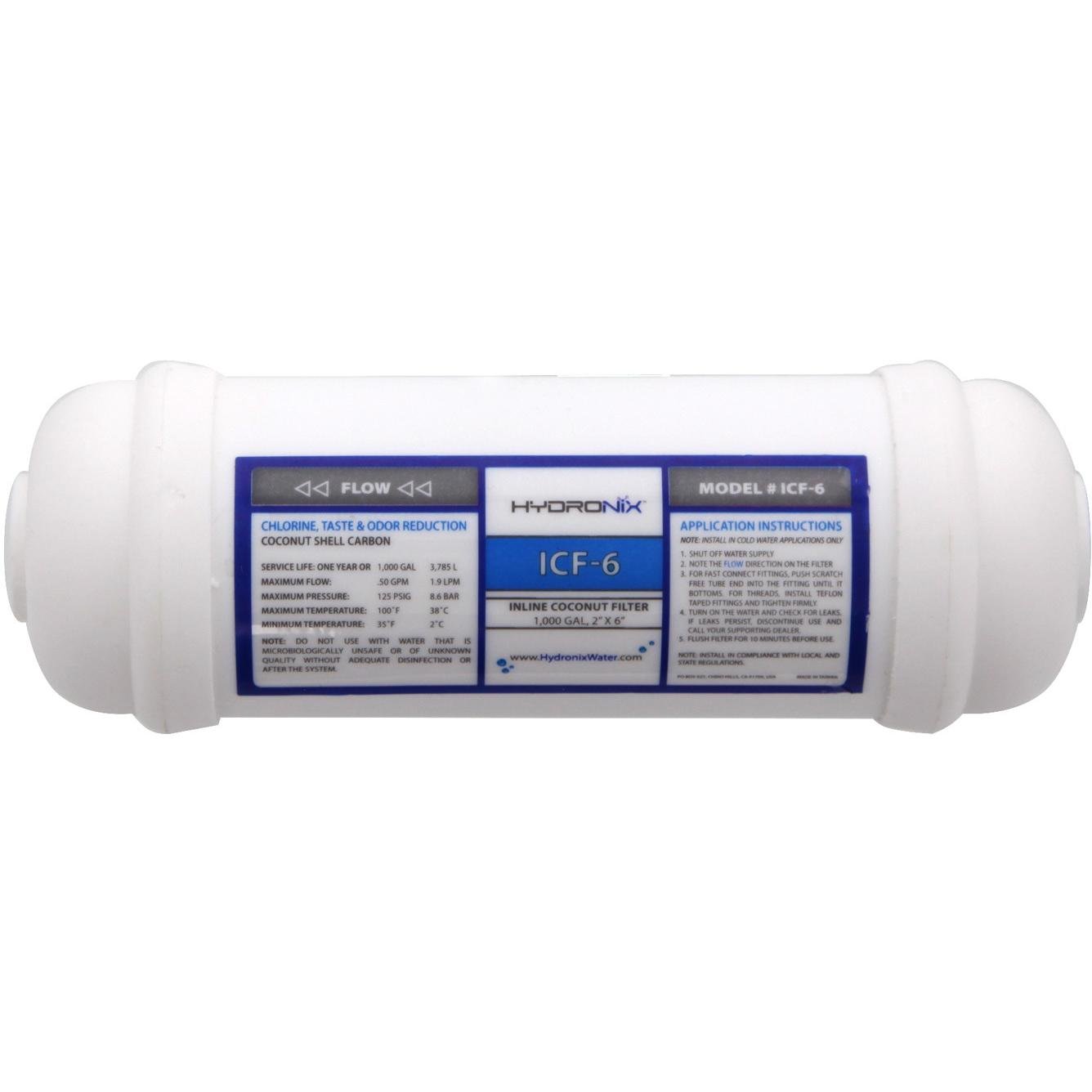 Hydronix ICF-6 Inline Reverse Osmosis Post Fridge Ice Coconut GAC Water Filter 2 x 6 1000 Gal 1