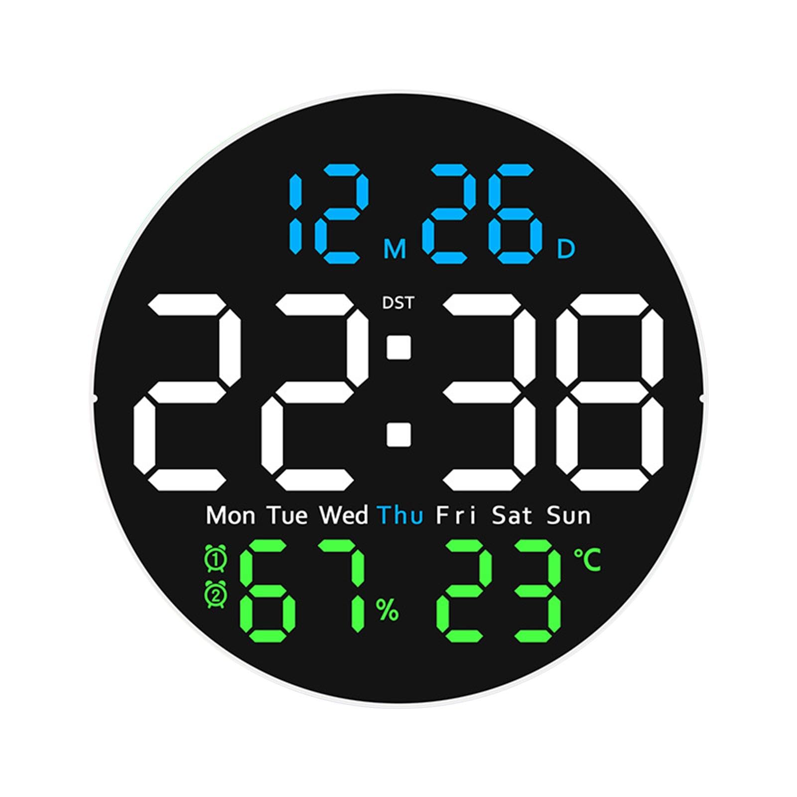 rockible Orologio da Parete Digitale con Mese, Settimana, con Oscuramento Automatico, Rotondo, Elettronico, 12/24 Ore, con Sveglia E umidità, Temperatur, 3 Colori
