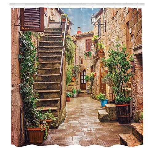 Ambesonne Italian Shower Curtain, View Of Old Mediterranean Street Stone Rock Houses In Italy City Rural Print, Cloth Fabric Bathroom Decor Set With Hooks, 69" W X 70" L, Camel Hunter Green #TOP1