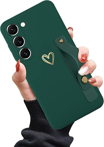 Funda compatible con Samsung Galaxy S23 Ultra para mujeres y niñas, bonito patrón de corazón dorado con soporte de mano para muñeca, delgada, de