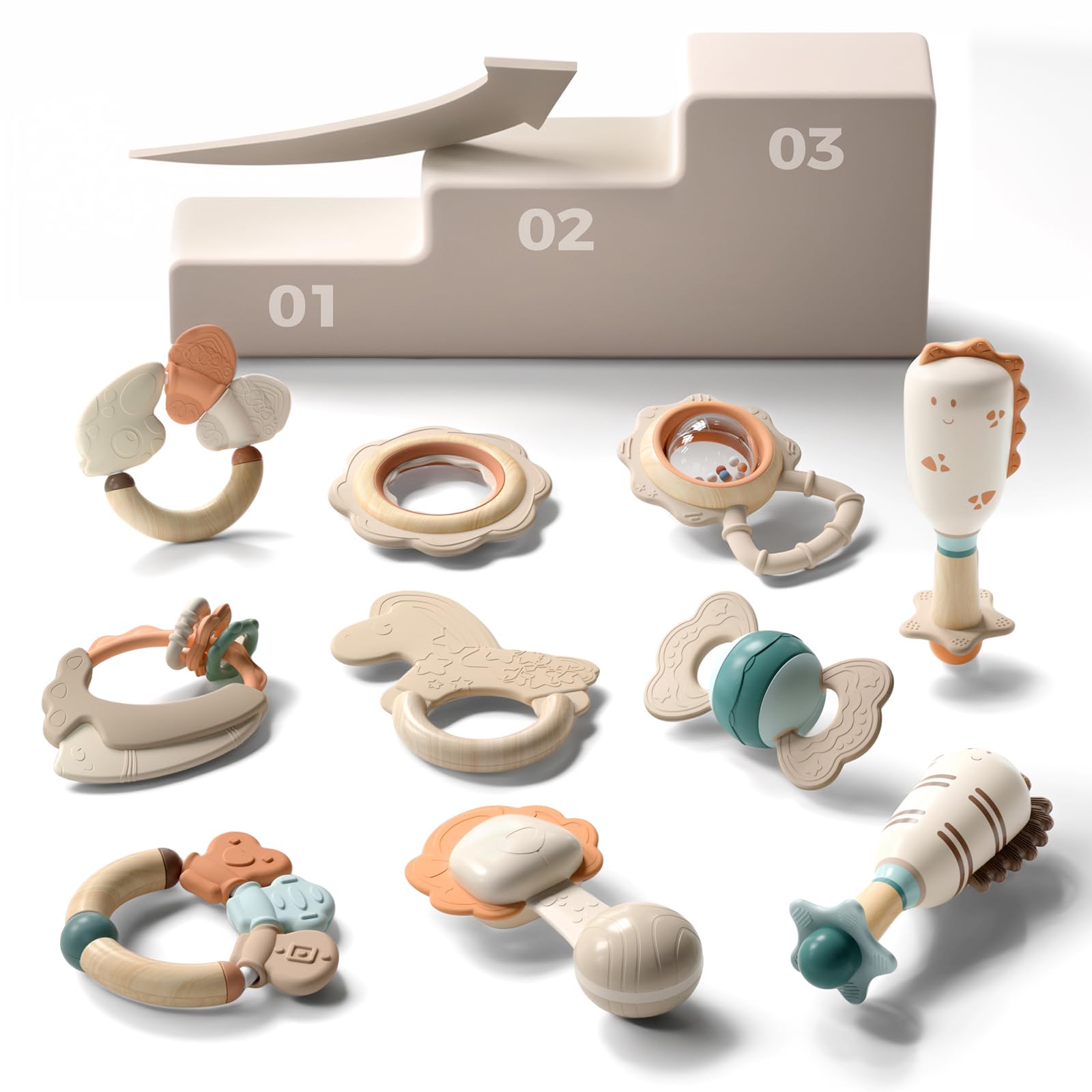 Evoceler Softness Staged Baby Teething Toys with Rattles for 0-6 Months (30° Super Soft, 50° Soft, 70° Regular) Teething Relief -10 Pcs Food-Grade Silicone Teethers for Babies 0-18+ Months, BPA Free