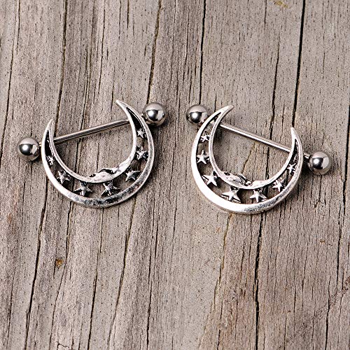 Body Candy 14G Womens Nipplerings Piercing 316L Steel 2Pc Crescent Moon Star Nipple Shield Set 7/8\" - Thumbnail 5