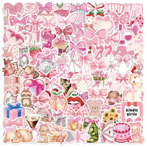 100PCS Coquette Stickers Pink Aesthetic Pack Cute Bow Tie Stickers for Girls Pink Sticker for Laptop Vinyl Waterproof Aesthetic Decals by letiezhi - Image 7