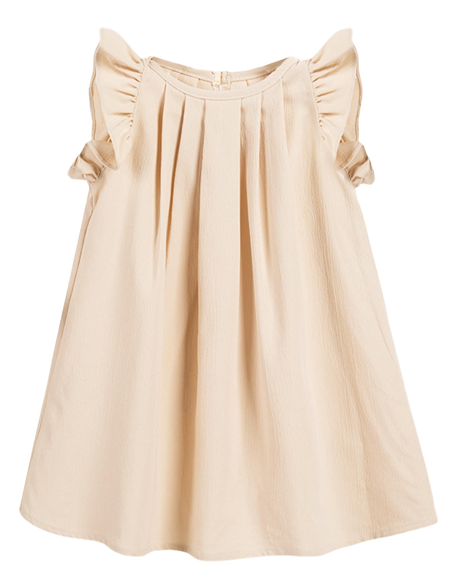 Toddler Baby Girl A-Line Summer Sundress Infant Little Kids Crewneck Ruffle Sleeve Front Pleated Playwear Dresses Back Button Down Soft and Breathable Clothers for 2-3Years Beige L