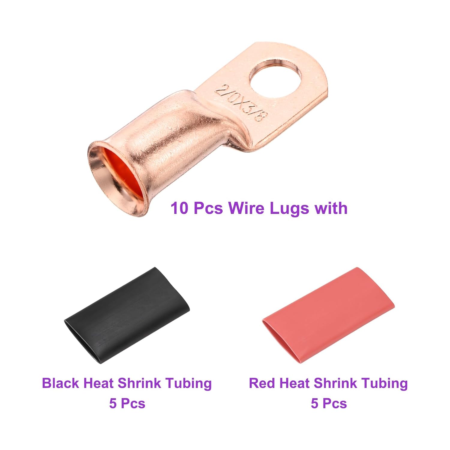 DMiotech 10 Pcs 2/0 AWG - 3/8" Copper Cable Lugs, Battery Cable Ends, Heavy Duty Copper Wire Lugs with 10pcs Heat Shrink Tubing for Electrical Projects, Copper