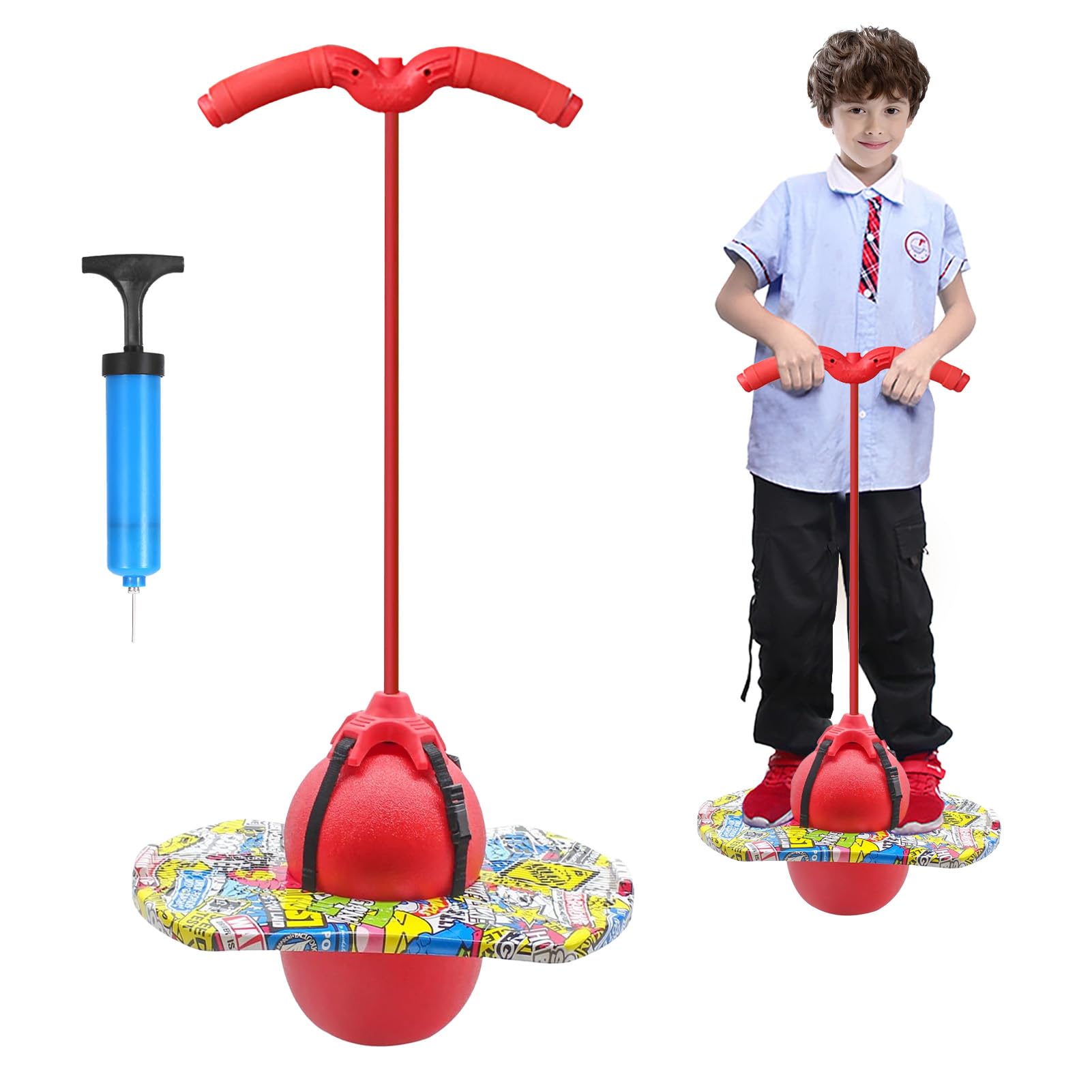 Pogo z uchwytami, 100 kg, zrównoważone i skoordynowane bouncing pogo, uchwyty są regulowane, dla dzieci i dorosłych, do treningu równowagi (czerwone)