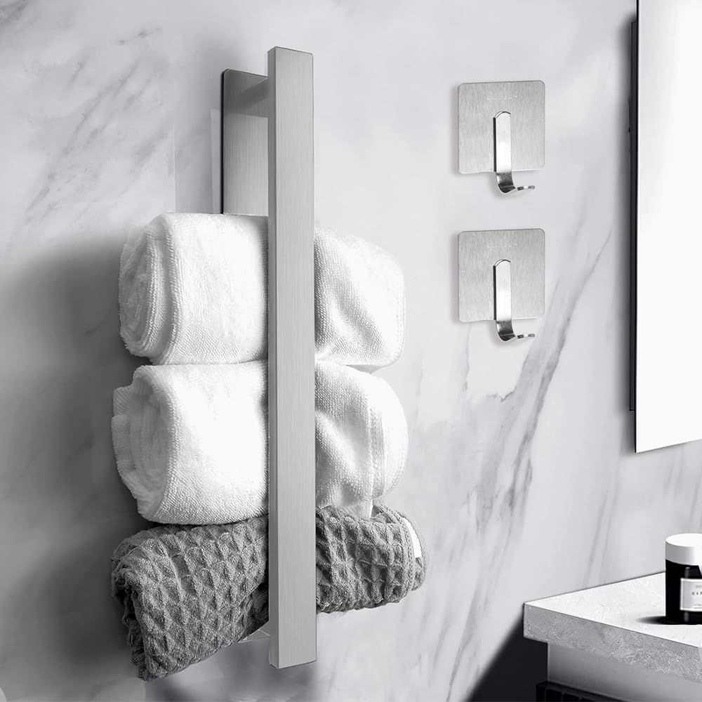 KARBAG Towel Rack Wall Mounted, 40cm Towel Rail with 2 Towel Hooks Stainless Steel Towel Holder Self Adhesive Towel Rail Wall Towel Rack for Rolled Towel Shelves Storage for Bathroom Kitchen - Silver